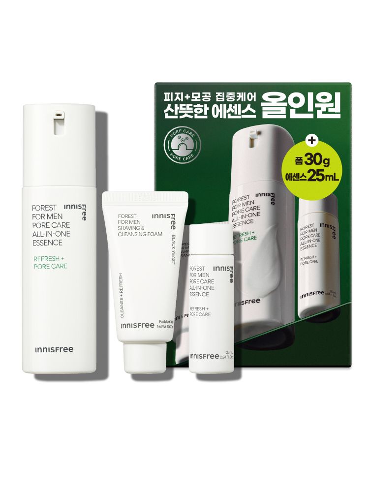 간편함을 선호하는 남성 피부에 최적화된 스킨케어 제품. 피지 케어부터 수분 공급까지 한 번에 해결하는 남성 전용 올인원 세트! 민감성 피부도 안심하고 쓰는 촉촉하고 산뜻한 마무리감이 매력적인 이니스프리 포레스트 포어 올인원 에센스 기획 세트