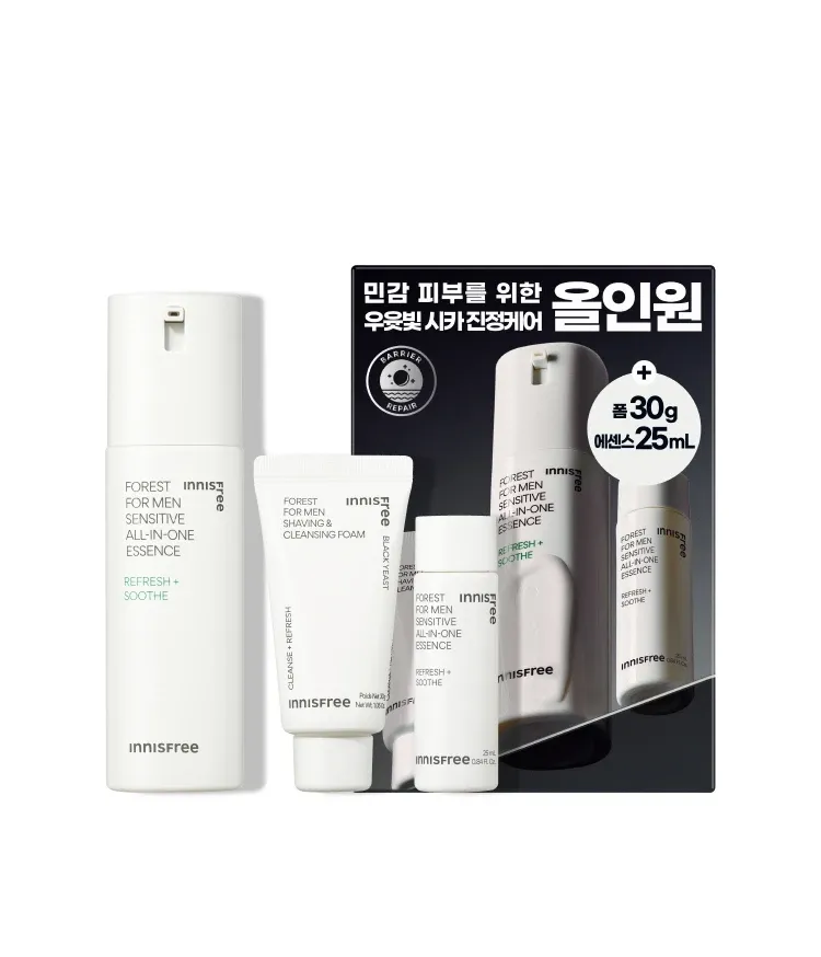 간편함을 선호하는 남성 피부에 최적화된 스킨케어 제품. 피지 케어부터 수분 공급까지 한 번에 해결하는 남성 전용 올인원 세트! 민감성 피부도 안심하고 쓰는 촉촉하고 산뜻한 마무리감이 매력적인 이니스프리 포레스트 포어 올인원 에센스 기획 세트