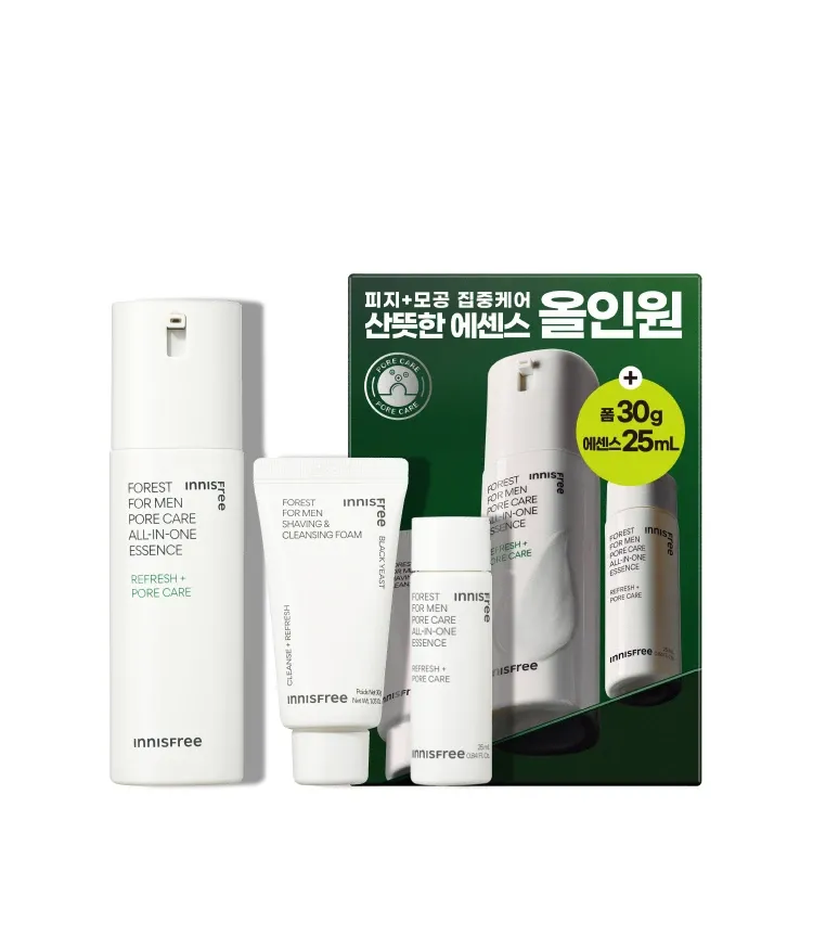 간편함을 선호하는 남성 피부에 최적화된 스킨케어 제품. 피지 케어부터 수분 공급까지 한 번에 해결하는 남성 전용 올인원 세트! 민감성 피부도 안심하고 쓰는 촉촉하고 산뜻한 마무리감이 매력적인 이니스프리 포레스트 포어 올인원 에센스 기획 세트