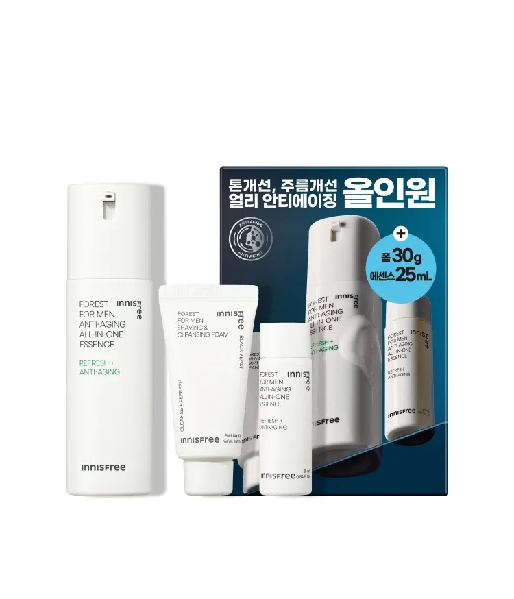 간편함을 선호하는 남성 피부에 최적화된 스킨케어 제품. 피지 케어부터 수분 공급까지 한 번에 해결하는 남성 전용 올인원 세트! 민감성 피부도 안심하고 쓰는 촉촉하고 산뜻한 마무리감이 매력적인 이니스프리 포레스트 포어 올인원 에센스 기획 세트