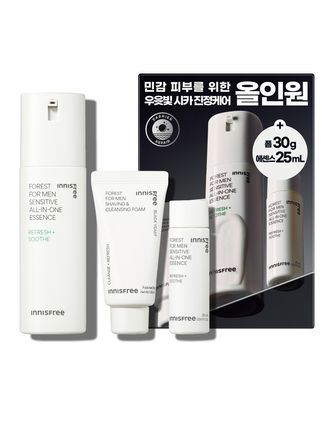 간편함을 선호하는 남성 피부에 최적화된 스킨케어 제품. 피지 케어부터 수분 공급까지 한 번에 해결하는 남성 전용 올인원 세트! 민감성 피부도 안심하고 쓰는 촉촉하고 산뜻한 마무리감이 매력적인 이니스프리 포레스트 포어 올인원 에센스 기획 세트