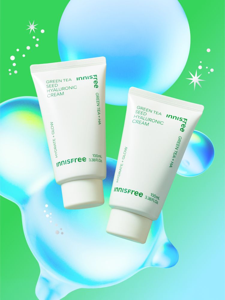 자극 받은 피부를 평온하게 진정, 수분-평정 크림 그린티와 5종 히알루론산의 만남으로 10초만에 흡수, 100시간 지속되는 수분 밸런스, 이니스프리 대표 수분크림 추천! 그린티 히알루론산 수분 크림