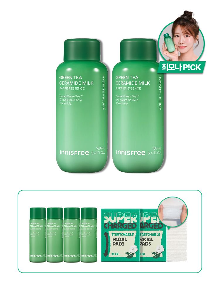 슈퍼 그린티™와 그린티 세라마이드가 함유된 포뮬러로 3초면 강력 속보습 완성. 피부 장벽 개선은 물론 메이크업 밀착력도 UP 시켜주는 신개념 밀크 텍스쳐, 토너팩으로도 추천! 민감성 피부도 사용 가능한 저자극 에센스, 이니스프리 신제품 그린티 밀크 보습 에센스