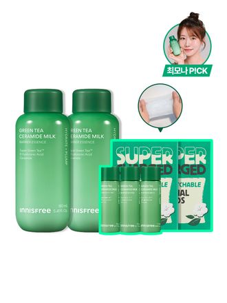 [160 + 160mL] 그린티 밀크 보습 에센스 더블 패키지 + 늘려쓰는 화장솜 증정