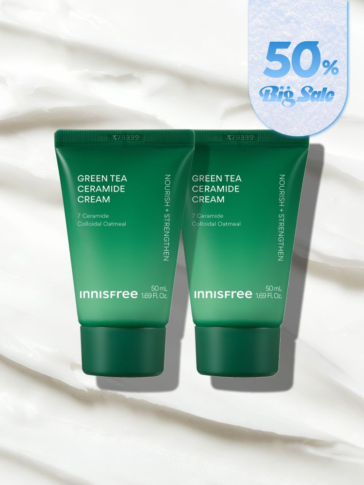 강력한 속보습 에너지 충전! 뭘 해도 건조하다면 바르자마자 부드럽게 스며드는 이니스프리 그린티 버터 보습크림 슈퍼 그린티™가 깊은 보습감을 채워주고, 그린티 세라마이드가 손상된 피부 장벽을 편안하게 감싸주는 이니스프리 대표 저자극 고보습 크림