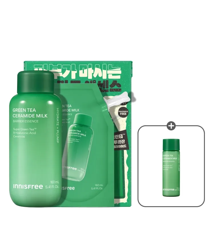 슈퍼 그린티™와 그린티 세라마이드가 함유된 포뮬러로 3초면 강력 속보습 완성. 피부 장벽 개선은 물론 메이크업 밀착력도 UP 시켜주는 신개념 밀크 텍스쳐, 토너팩으로도 추천! 민감성 피부도 사용 가능한 저자극 에센스, 이니스프리 신제품 그린티 밀크 보습 에센스