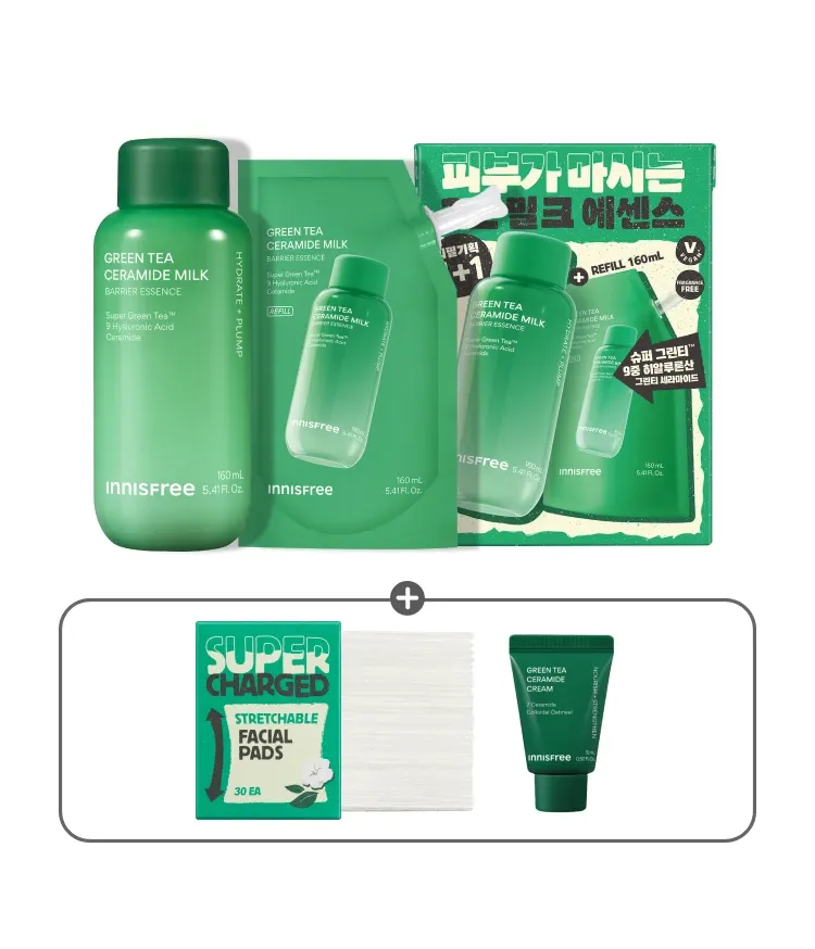 슈퍼 그린티™와 그린티 세라마이드가 함유된 포뮬러로 3초면 강력 속보습 완성. 피부 장벽 개선은 물론 메이크업 밀착력도 UP 시켜주는 신개념 밀크 텍스쳐, 토너팩으로도 추천! 민감성 피부도 사용 가능한 저자극 에센스, 이니스프리 신제품 그린티 밀크 보습 에센스