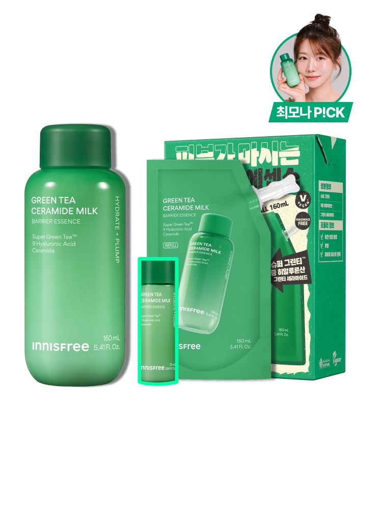 슈퍼 그린티™와 그린티 세라마이드가 함유된 포뮬러로 3초면 강력 속보습 완성. 피부 장벽 개선은 물론 메이크업 밀착력도 UP 시켜주는 신개념 밀크 텍스쳐, 토너팩으로도 추천! 민감성 피부도 사용 가능한 저자극 에센스, 이니스프리 신제품 그린티 밀크 보습 에센스
