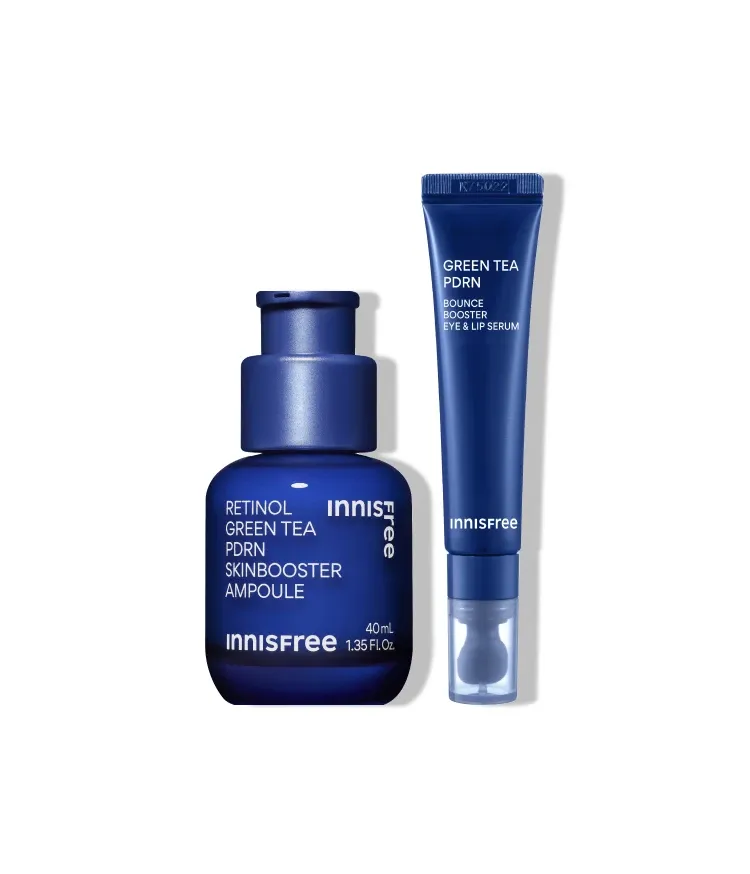 3중 레티놀 콤플렉스™와 그린티 PDRN™ 포뮬러로 한번에 매끈한 모공결 & 촘촘한 피부광 케어하는 듀얼스킨부스터 앰플! 피부과 테스트, 논코메도제닉 테스트 완료하여 민감 피부도 매일매일 모공, 속광 관리 가능! 이니스프리 레티놀 PDRN 스킨부스터 앰플 대용량