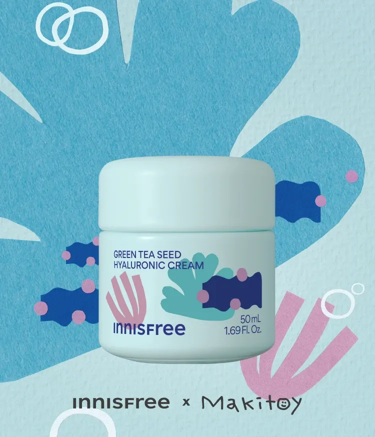 자극 받은 피부를 평온하게 진정, 수분-평정 크림 그린티와 5종 히알루론산의 만남으로 10초만에 흡수, 100시간 지속되는 수분 밸런스, 이니스프리 대표 수분크림 추천! 그린티 히알루론산 수분 크림 마키토이 에디션