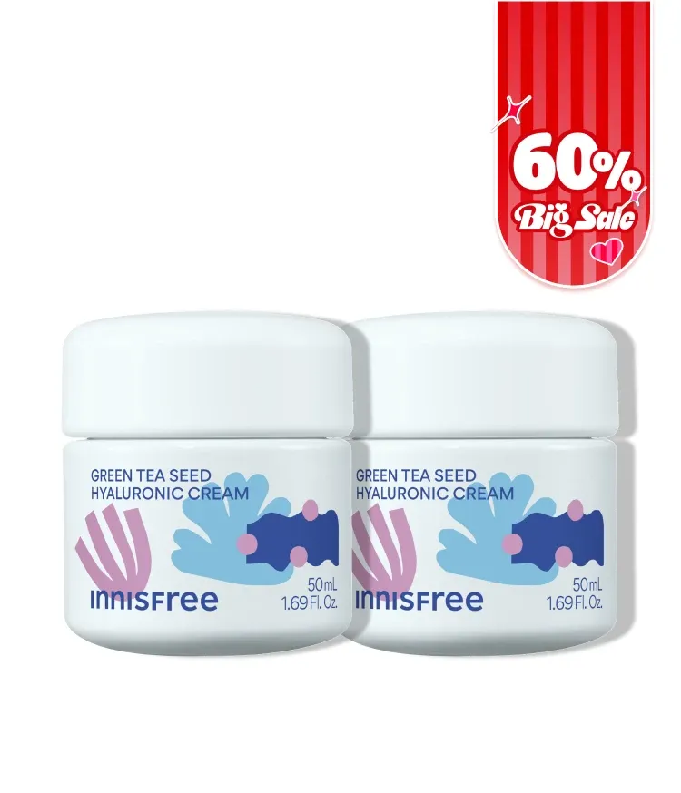 자극 받은 피부를 평온하게 진정, 수분-평정 크림 그린티와 5종 히알루론산의 만남으로 10초만에 흡수, 100시간 지속되는 수분 밸런스, 이니스프리 대표 수분크림 추천! 그린티 히알루론산 수분 크림 마키토이 에디션