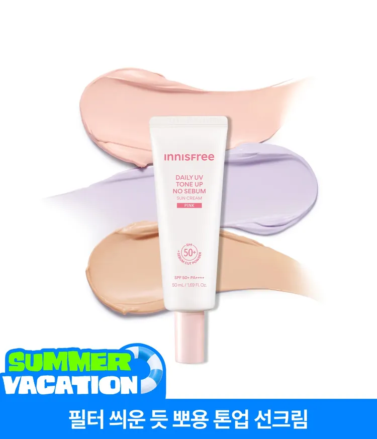 이니스프리 데일리 유브이 톤업 노세범 선크림은 히알루론산과 세범 컷 파우더를 함유하여 겉은 보송하고 속은 촉촉한 수분 톤업을 선사합니다. 지성피부 대상 임상 결과 24시간 후 유분 분비량 33.628% 억제 및 모공 커버 만족도 100%를 기록하였습니다. 강력한 자외선 차단 효과와 프라이머 기능을 갖추어 매끈한 파데프리 메이크업을 완성합니다.