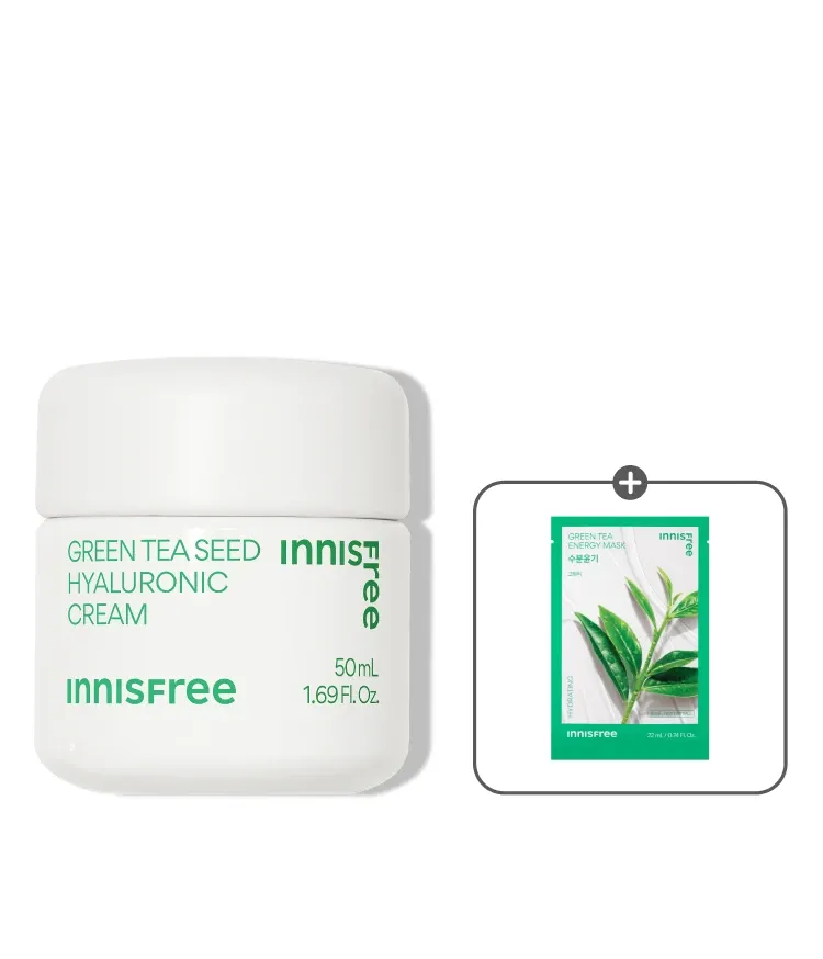 자극 받은 피부를 평온하게 진정, 수분-평정 크림 그린티와 5종 히알루론산의 만남으로 10초만에 흡수, 100시간 지속되는 수분 밸런스, 이니스프리 대표 수분크림 추천! 그린티 히알루론산 수분 크림