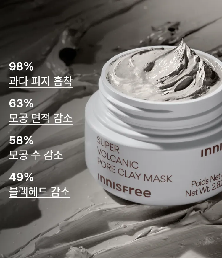 다양한 모공 고민을 한번에 해결해주며 각질 케어 효능을 지닌 AHA 성분이 함유된 피지흡착모공팩. 피부자극 테스트를 완료한 저자극 크리미 텍스처의 사용감. 모공 면적, 블랙헤드, 피부결, 각질 등 케어해주는 이니스프리 수퍼 화산송이 모공팩