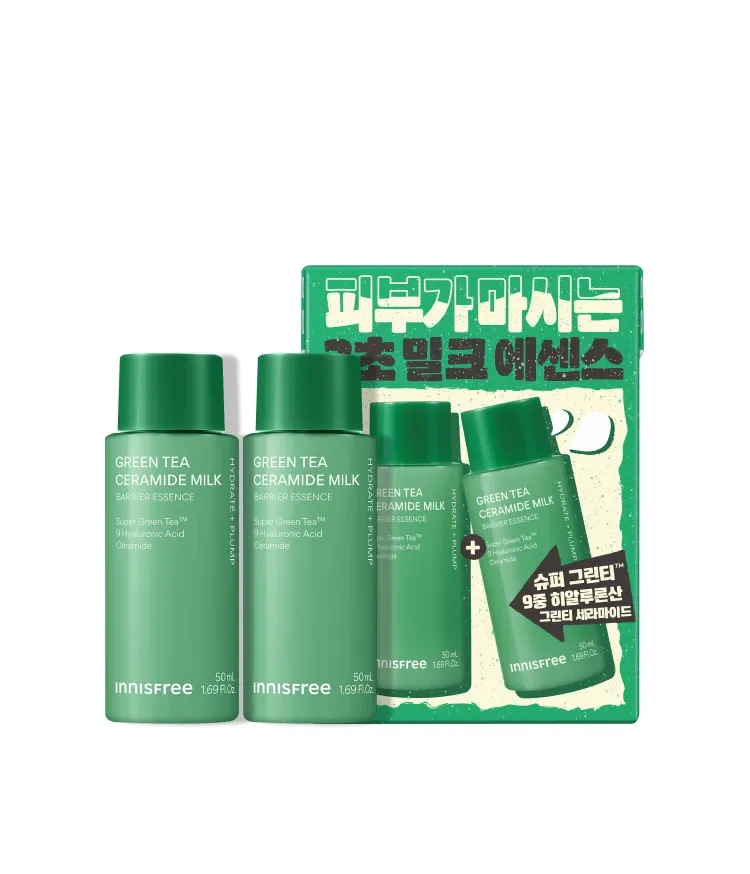슈퍼 그린티™와 그린티 세라마이드가 함유된 포뮬러로 3초면 강력 속보습 완성. 피부 장벽 개선은 물론 메이크업 밀착력도 UP 시켜주는 신개념 밀크 텍스쳐, 토너팩으로도 추천! 민감성 피부도 사용 가능한 저자극 에센스, 이니스프리 신제품 그린티 밀크 보습 에센스