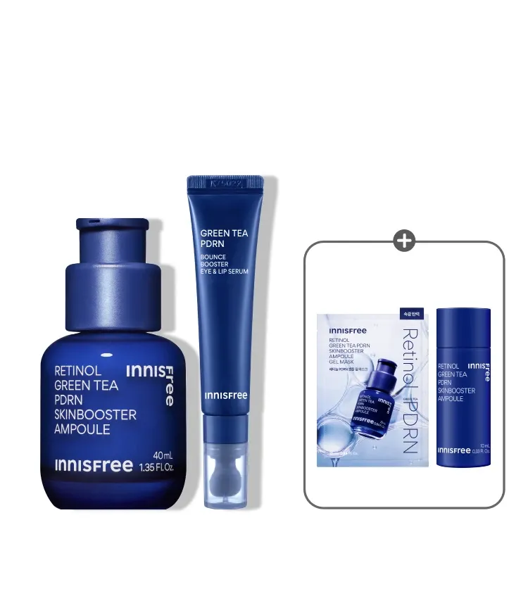 3중 레티놀 콤플렉스™와 그린티 PDRN™ 포뮬러로 한번에 매끈한 모공결 & 촘촘한 피부광 케어하는 듀얼스킨부스터 앰플! 피부과 테스트, 논코메도제닉 테스트 완료하여 민감 피부도 매일매일 모공, 속광 관리 가능! 이니스프리 레티놀 PDRN 스킨부스터 앰플 대용량