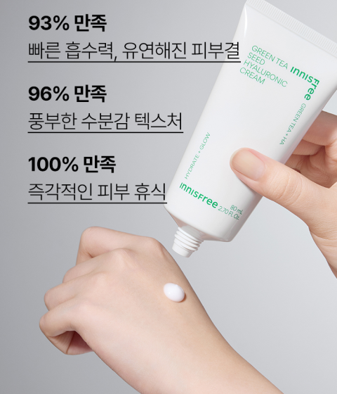 자극 받은 피부를 평온하게 진정, 수분-평정 크림 그린티와 5종 히알루론산의 만남으로 10초만에 흡수, 100시간 지속되는 수분 밸런스, 이니스프리 대표 수분크림 추천! 그린티 히알루론산 수분 크림