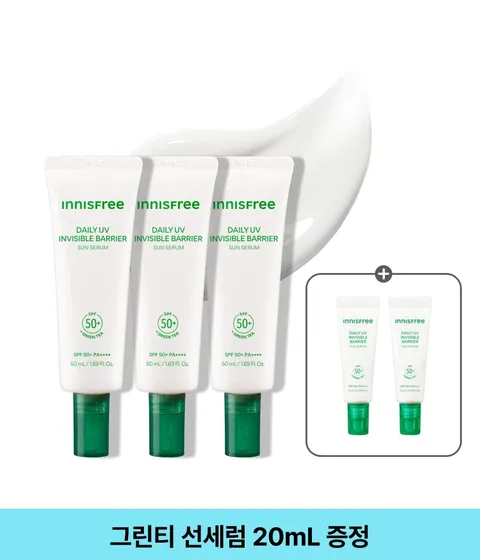 이니스프리 데일리 유브이 수분장벽 선세럼은 히알루론산·그린티 세라마이드 기반 자외선 차단 기능성 제품으로, 1초 수분 흡수로 투명하게 사용할 수 있습니다. 수분 장벽+UV 방어막을 단단히 세우는 그린티 화잘먹 선세럼입니다. 안전성·저자극 관련 검증을 갖추어 민감 피부도 편안히 사용할 수 있습니다.