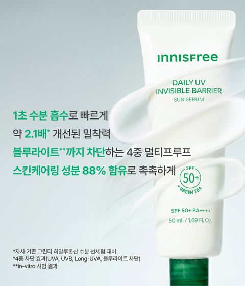 이니스프리 데일리 유브이 수분장벽 선세럼은 히알루론산·그린티 세라마이드 기반 자외선 차단 기능성 제품으로, 1초 수분 흡수로 투명하게 사용할 수 있습니다. 수분 장벽+UV 방어막을 단단히 세우는 그린티 화잘먹 선세럼입니다. 안전성·저자극 관련 검증을 갖추어 민감 피부도 편안히 사용할 수 있습니다.
