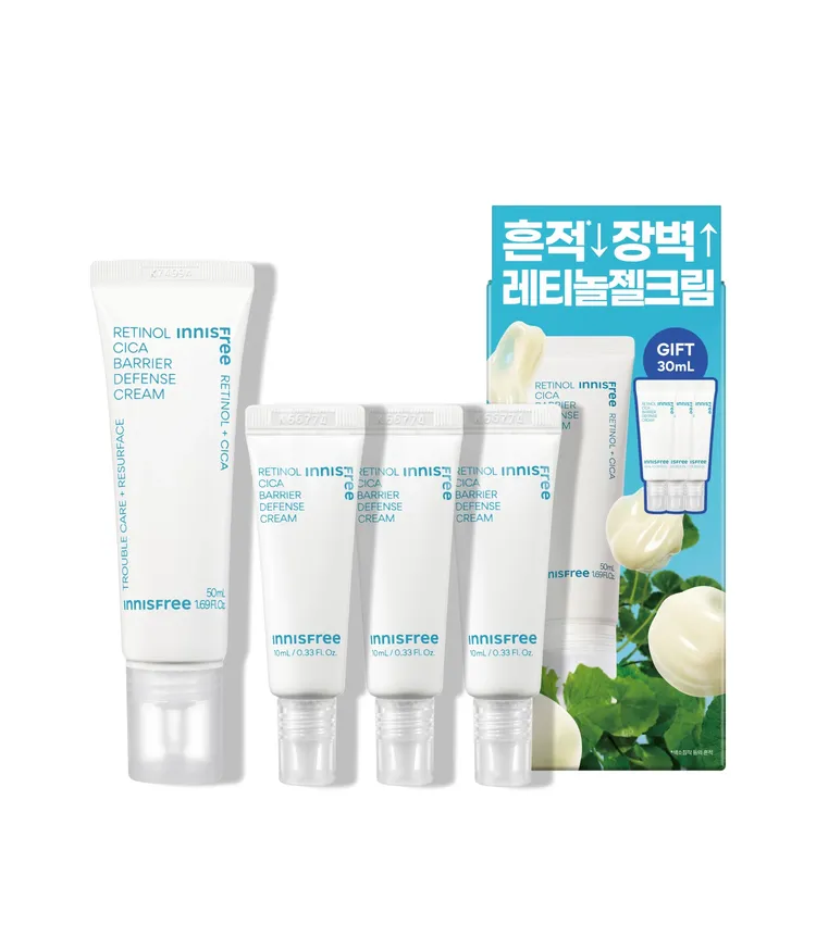 이니스프리 레티놀 시카 흔적 장벽크림 세트는 물리적 자극으로 손상된 피부 장벽을 77.3% 개선하며 트러블 흔적과 모공 면적 28.5% 개선에 도움을 줍니다. 레티놀과 시카 성분을 담은 저자극 수분젤 포뮬러가 붉은기 112.7% 완화 및 쿨링 효과를 선사합니다. 민감 패널 대상 논코메도제닉 테스트를 완료하여 데이&나이트 케어를 완성합니다.