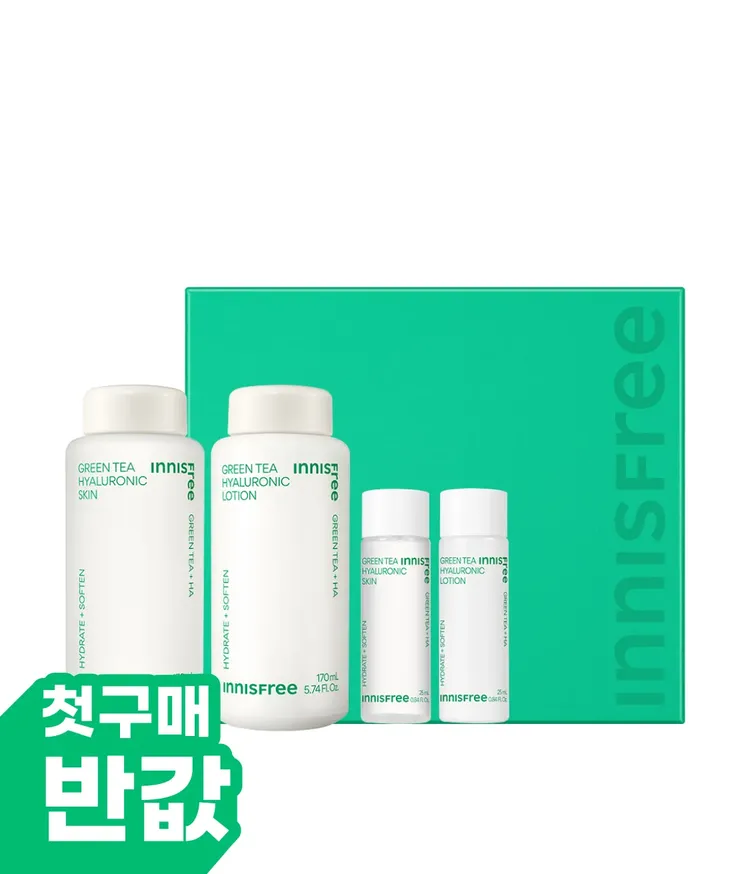 이니스프리 그린티 히알루론산 스킨케어 2종 세트는 일반 녹차 대비 데아닌을 1.67배 충분히 담은 뷰티그린티™와 5종 히알루론산 포뮬러로 속건조 개선 96% 만족을 선사합니다. 산뜻한 워터 타입 스킨이 민감해진 피부 고민을 진정시키며 피부결을 매끄럽게 정돈하며, 밀키한 저자극 로션이 번들거림 없이 유수분 밸런스를 맞춰 건강한 수분 바탕을 완성합니다.