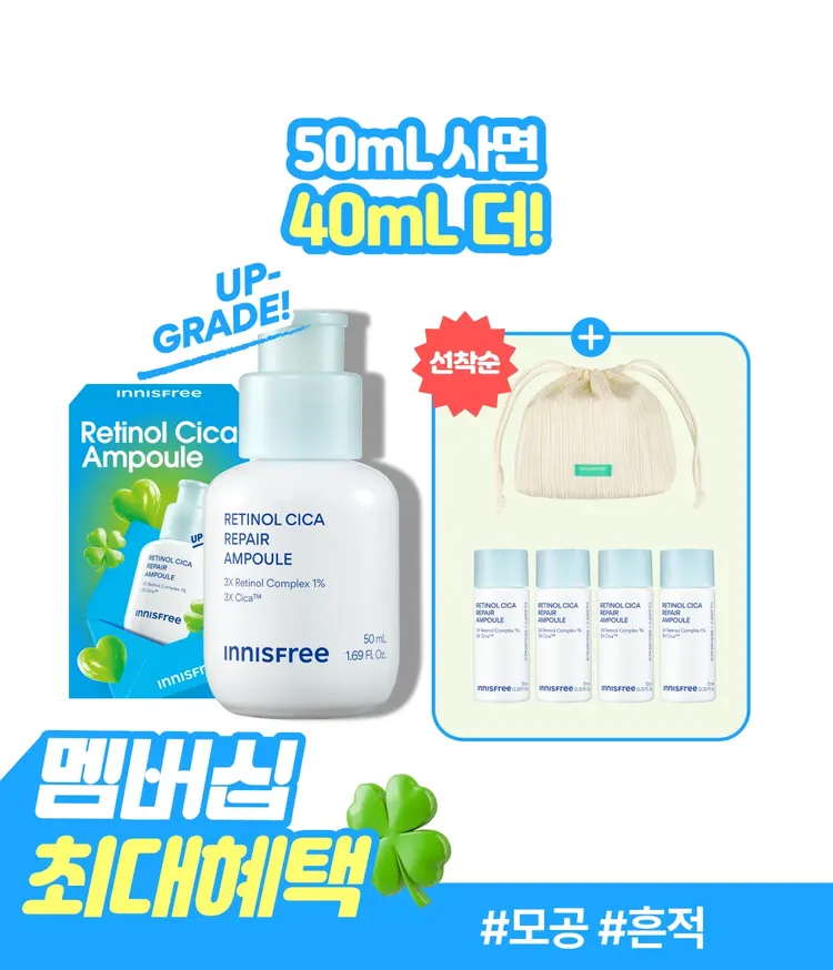 이니스프리 레티놀 앰플은 3X 레티놀 컴플렉스·3X 시카™를 모공보다 2300배 작은 리포좀에 담아 모공·흔적 케어에 도움을 줍니다. 주름·미백 2중 기능성을 갖추었고, 4주 사용 후 모공 부피 42.4%·색소 침착 37.5% 개선이 확인되었습니다. 피부과·하이포알러지 테스트를 완료한 저자극 포뮬러로 수분 베이스가 끈적임 없이 산뜻하게 마무리됩니다.