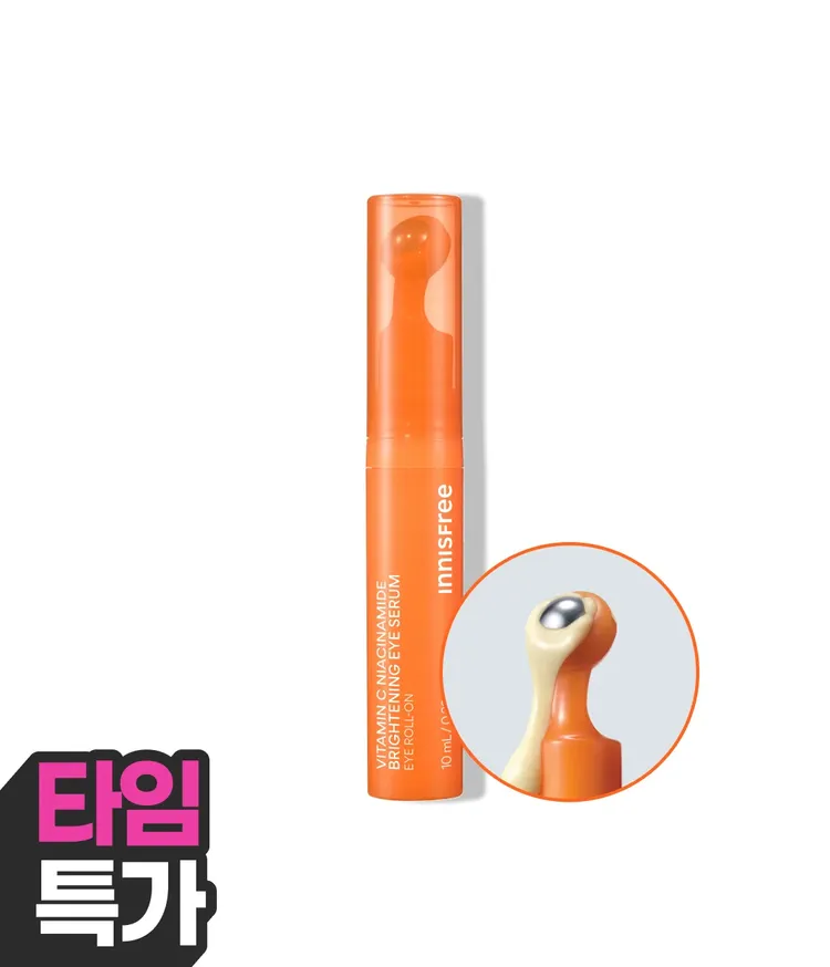 이니스프리 비타민C 나이아신아마이드 브라이트닝 아이세럼은 나이아신아마이드 5만 ppm과 비타민C 유도체 2만 ppm 배합으로 맑고 환한 눈가 피부를 완성합니다. 4주 사용 후 다크서클 밝기 1.3배 개선을 돕고, 메탈 롤러 어플리케이터의 쿨링 마사지로 피로한 눈가 붓기 완화와 탄력 저하, 칙칙한 눈가 집중 케어까지 도움을 줍니다.