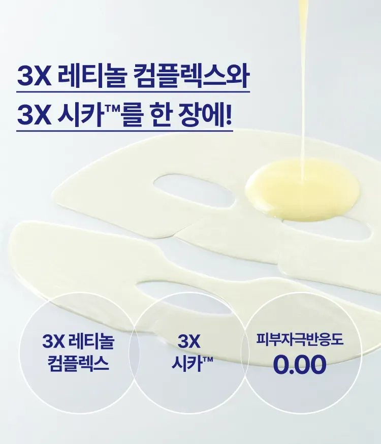레티놀 시카 모공 흔적 앰플의 핵심 성분인 3X 레티놀 컴플렉스와 3X 시카™ 성분을 담은 겔 마스크가 피부에 밀착해 쫀쫀하고 깨끗한 피부로 케어하는 하이드로겔 마스크