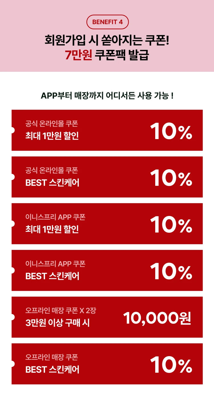 benefit 4 회원가입 시 쏟아지는 쿠폰! 7만원 쿠폰팩 발급