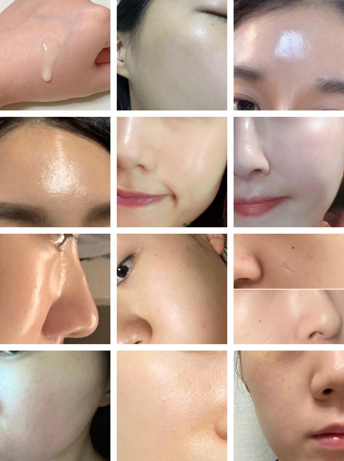 제품 후기에 올린 12개 사진 묶음 소비자들이 제품을 손 등 위에 짠 사진, 얼굴에 제품을 바른 사진, 제품 바르고 개선된 전 후 비교 사진 등